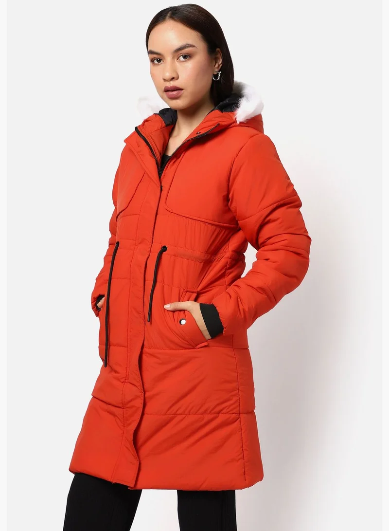 Campus Sutra  Women’s Solid Orange Puffer Bomber Jacket With Hoodie Regular Fit For Casual Wear for Women | Best Price UAE