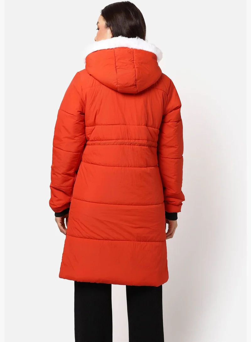 Campus Sutra  Women’s Solid Orange Puffer Bomber Jacket With Hoodie Regular Fit For Casual Wear for Women | Best Price UAE