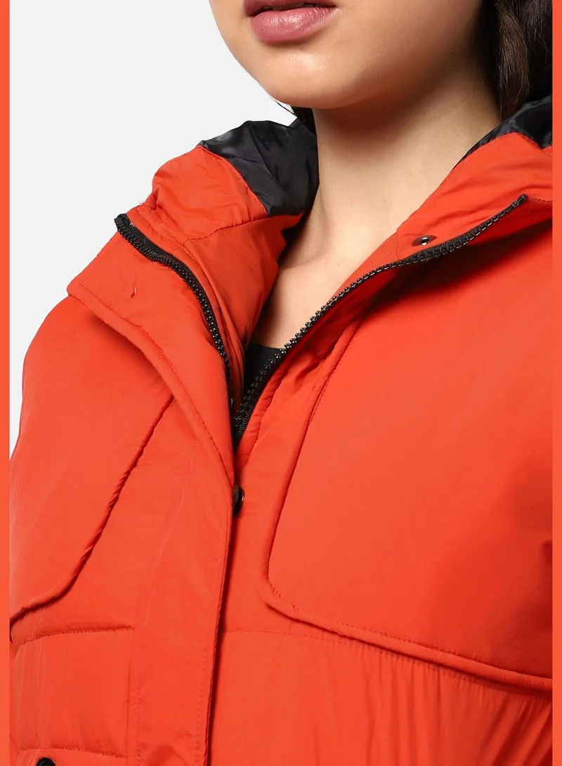 Campus Sutra  Women’s Solid Orange Puffer Bomber Jacket With Hoodie Regular Fit For Casual Wear for Women | Best Price UAE