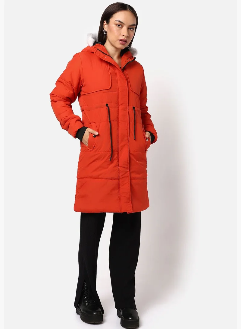 Campus Sutra  Women’s Solid Orange Puffer Bomber Jacket With Hoodie Regular Fit For Casual Wear for Women | Best Price UAE