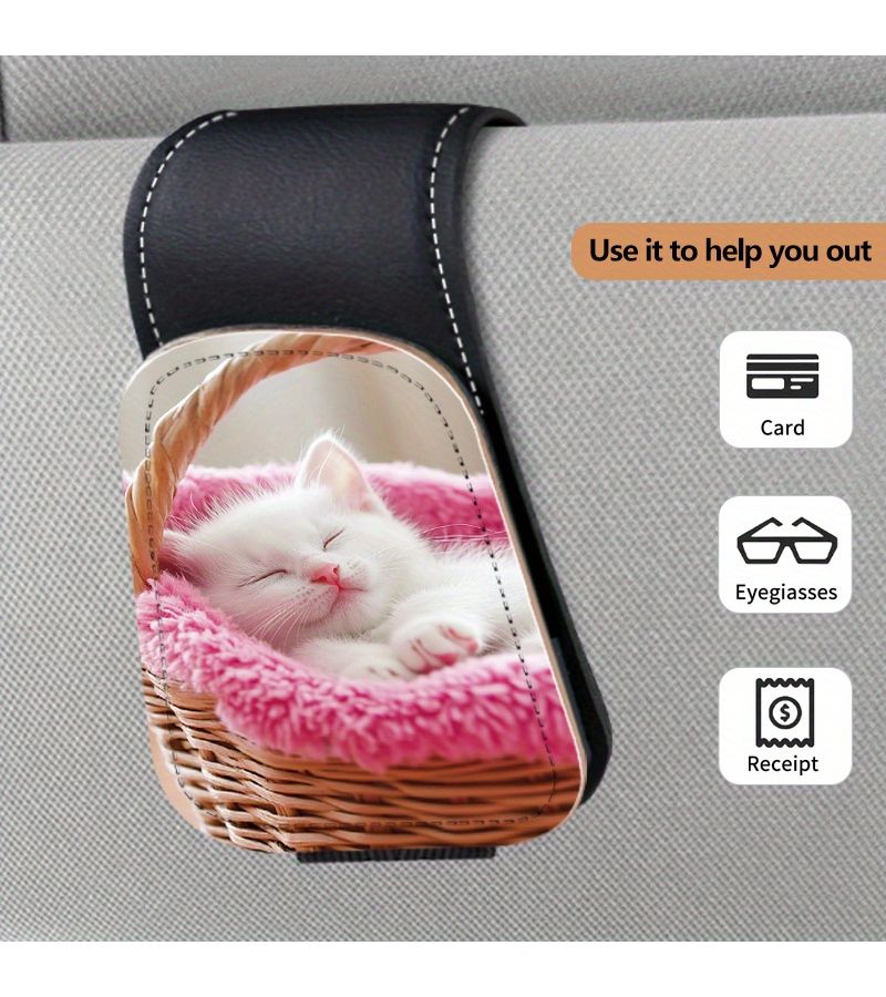 1pc Kitten 527 2D Flat Print Car Sun Visor Eyeglass Holder Clip Magnetic Eyeglass Hook Securely Clips On In Car Ticket Card Holder Damage Free Installation Suitable For Various Car Models - Image 1