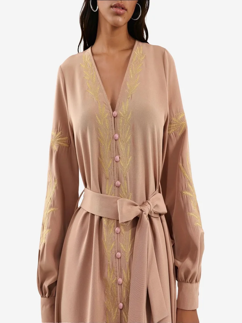 Jennyfer Camel Brown Embroidered V-Neck Maxi Dress for Women | Best Price UAE