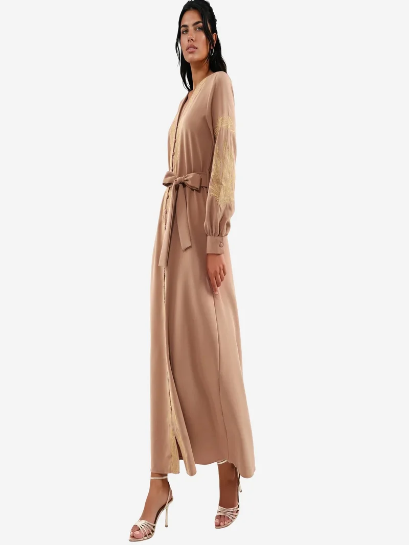 Jennyfer Camel Brown Embroidered V-Neck Maxi Dress for Women | Best Price UAE