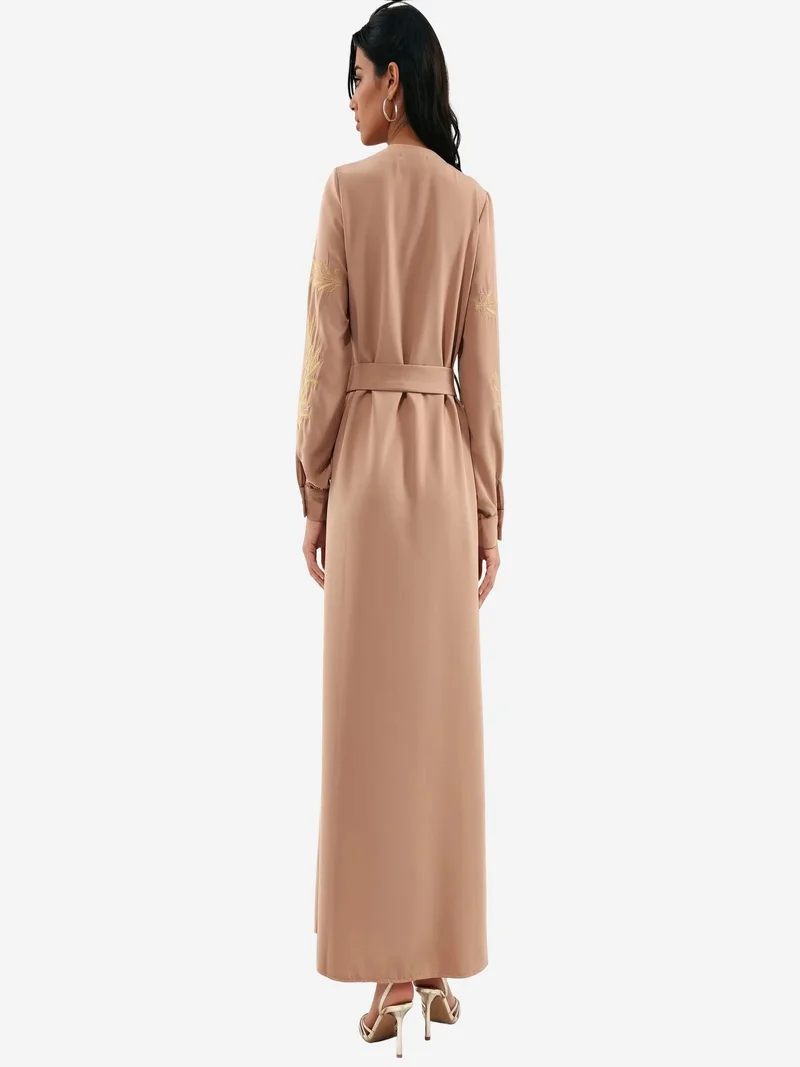 Jennyfer Camel Brown Embroidered V-Neck Maxi Dress for Women | Best Price UAE