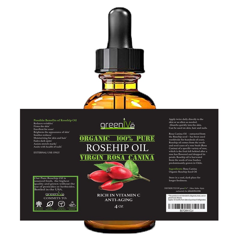 GreenIVe Rosehip Oil Rosa Canina 100% Pure Cold Pressed Virgin Oil Hair and Skin and DIY products (4oz dropper) - Image 3