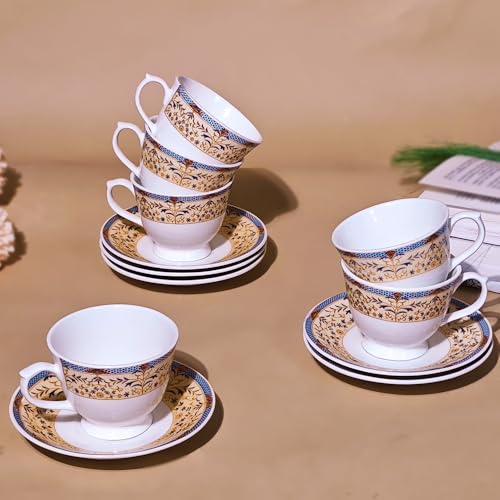 UPC U.P.C. Cup with Saucer Set of 12 Pcs/Tea Cup Set/Microwave Safe Cup Set of 6 for Tea/Bone-Ash Free/Crockery Set Ideal for Daily Use & Gifting., 150 ml - Image 1