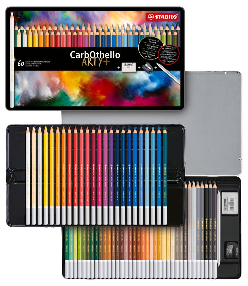 STABILO Chalk-Pastel Artist Colored Pencil CarbOthello ARTY Tin Set of 60, Eraser, Sharpener, Blender - Watercolor Effects - Image 1