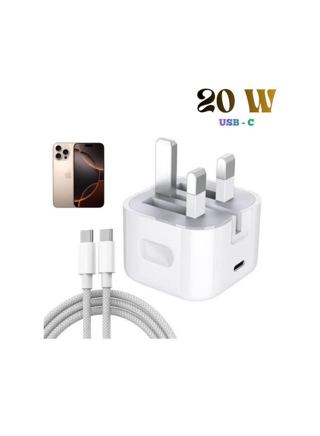 Fast Charger for iPhone 17/16/15/14/13/12 Pro Max with Cable 20W USB-C, UK Plug, Rapid Charging Adapter for iPhone & iPad, White - Image 1