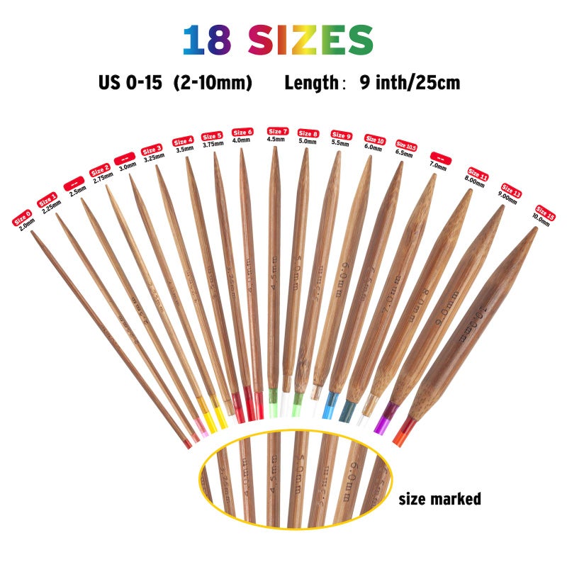 Coowayze Bamboo Circular Knitting Needles Set 16 Inch, 18 Round Wooden Knitting Needles, 18 Sizes US 0-15 (2-10mm) Double Pointed Short Circle Knit Needle for Beginners Knit Socks, Sweaters - Image 2