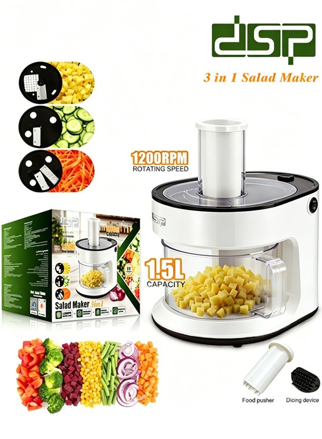 DSP 3-in-1 Electric Cheese Grater,1.5L Vegetable Chopper & Slicer with Safe Lock,One-Touch Easy Control,Electric Salad Machine for Fruits, Vegetables, Cheeses,Food Processor with 3 Blades Set,Food Pusher,Dicing Device,KM5069 - Image 1
