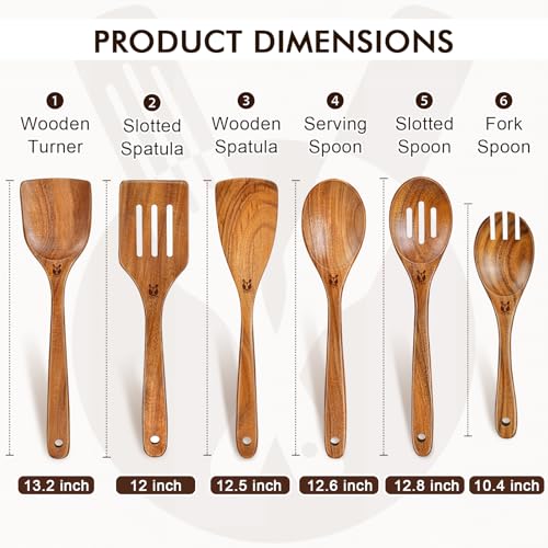 ICSTI Wooden Spoons for Cooking, 6 Pcs Natural Teak Wooden Kitchen Utensils Set, Cooking Utensils Set with Long & Comfort Grip, Wooden Spoons Spatula Set Perfect for Non-Stick Cookware - Image 3