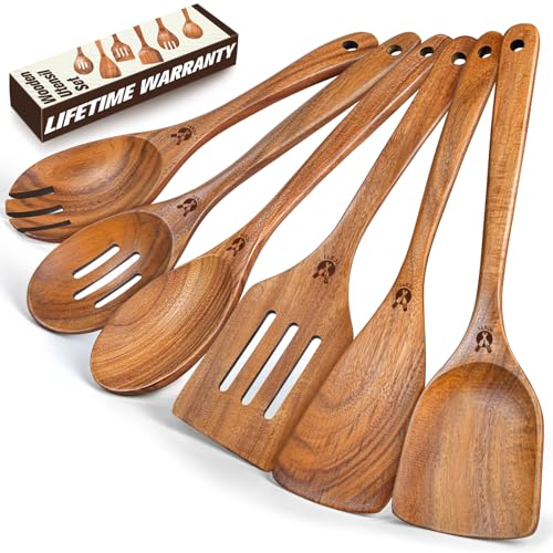 ICSTI Wooden Spoons for Cooking, 6 Pcs Natural Teak Wooden Kitchen Utensils Set, Cooking Utensils Set with Long & Comfort Grip, Wooden Spoons Spatula Set Perfect for Non-Stick Cookware - Image 1