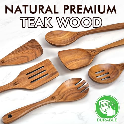 ICSTI Wooden Spoons for Cooking, 6 Pcs Natural Teak Wooden Kitchen Utensils Set, Cooking Utensils Set with Long & Comfort Grip, Wooden Spoons Spatula Set Perfect for Non-Stick Cookware - Image 2