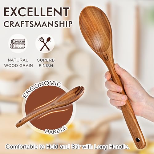 ICSTI Wooden Spoons for Cooking, 6 Pcs Natural Teak Wooden Kitchen Utensils Set, Cooking Utensils Set with Long & Comfort Grip, Wooden Spoons Spatula Set Perfect for Non-Stick Cookware - Image 5