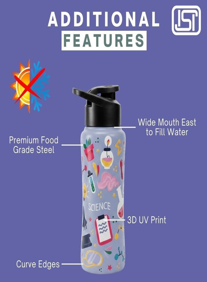 Voik Kiddo Science & Space 500ml Stainless Steel Water Bottle | Unique Curved Design | Cap Options – Steel Screw, Sipper & Flipper | Leak-Proof (Kiddo Science Sipper) - Image 5