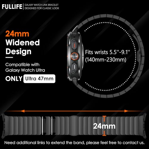 FULLIFE 24mm Wide Metal Bands Compatible with Samsung Galaxy Watch Ultra Bands 47mm Accessories for Men Women, Stainless Steel Link Folding Clasp No Gap Strap for Galaxy Watch 7 Ultra(47mm, Black) - Image 2