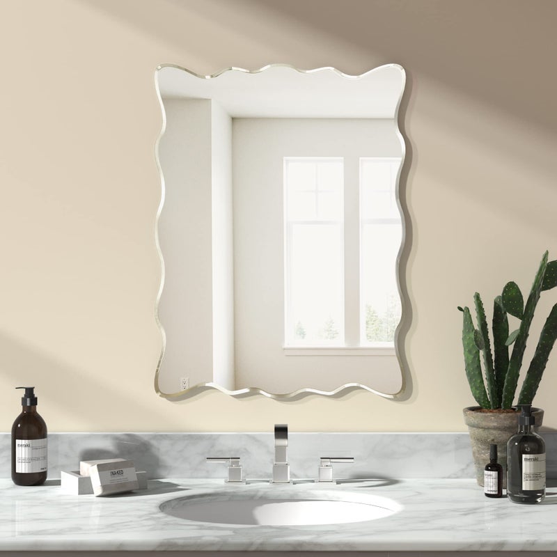 KOHROS Bathroom Mirrors for Over Sink 18 x 24 Wavy Beveled Edge Frameless Bathroom Vanity Mirror for Bathroom Entryway Bedroom Horizontal or Vertical Hanging