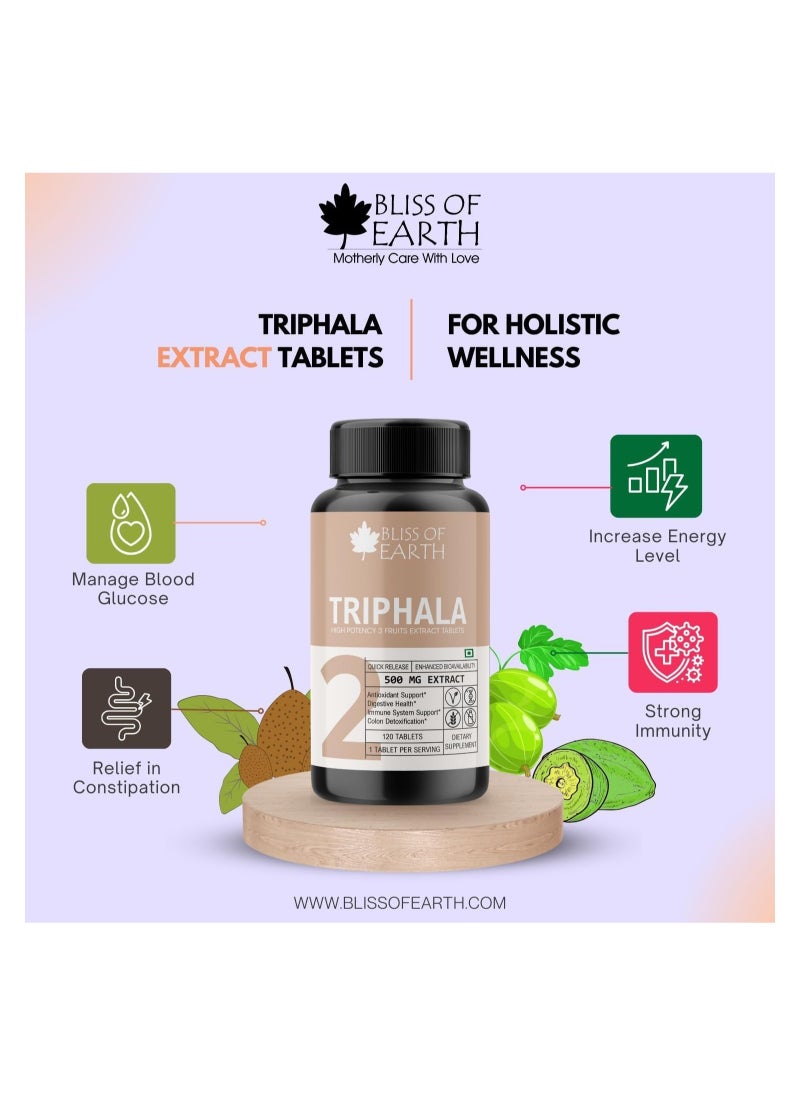 BLISS OF EARTH Bliss of Earth High Potency Triphala Extract Tablets 500mg With Quick Release Enhanced Bioavailability Digestive Health Constipation Relief Support 120 Tablets Pack of 2  - Image 2