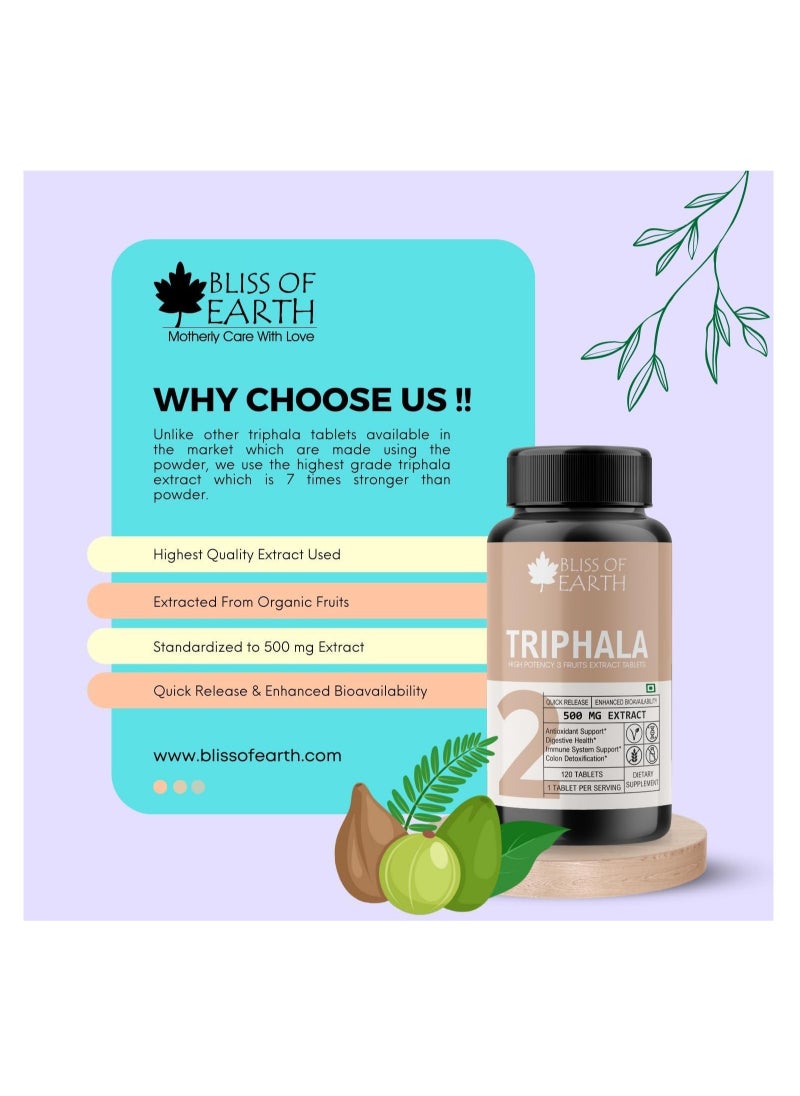 BLISS OF EARTH Bliss of Earth High Potency Triphala Extract Tablets 500mg With Quick Release Enhanced Bioavailability Digestive Health Constipation Relief Support 120 Tablets Pack of 2  - Image 3