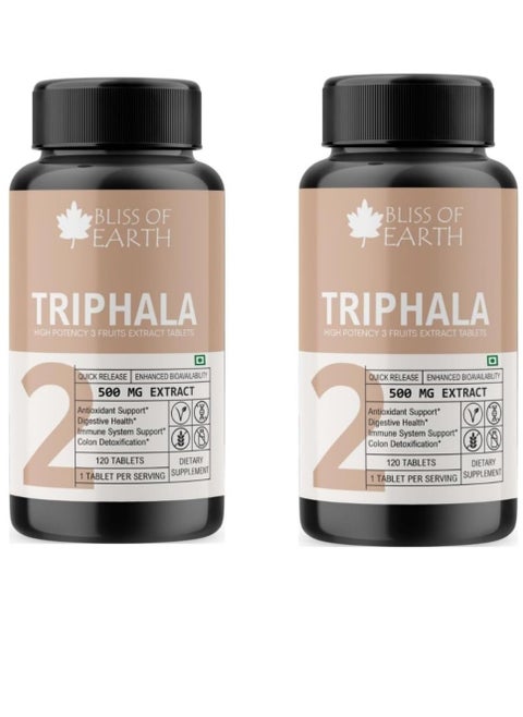 Bliss of Earth High Potency Triphala Extract Tablets 500mg With Quick Release Enhanced Bioavailability Digestive Health Constipation Relief Support 120 Tablets Pack of 2