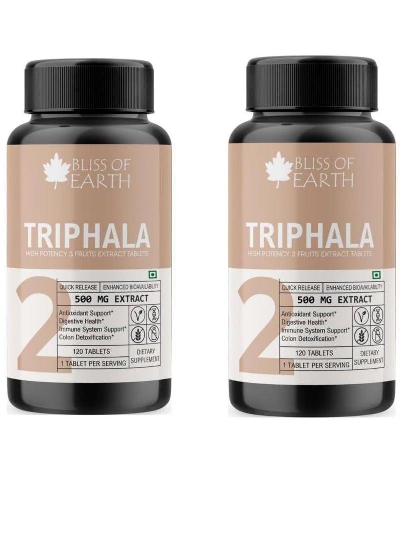 BLISS OF EARTH Bliss of Earth High Potency Triphala Extract Tablets 500mg With Quick Release Enhanced Bioavailability Digestive Health Constipation Relief Support 120 Tablets Pack of 2  - Image 1
