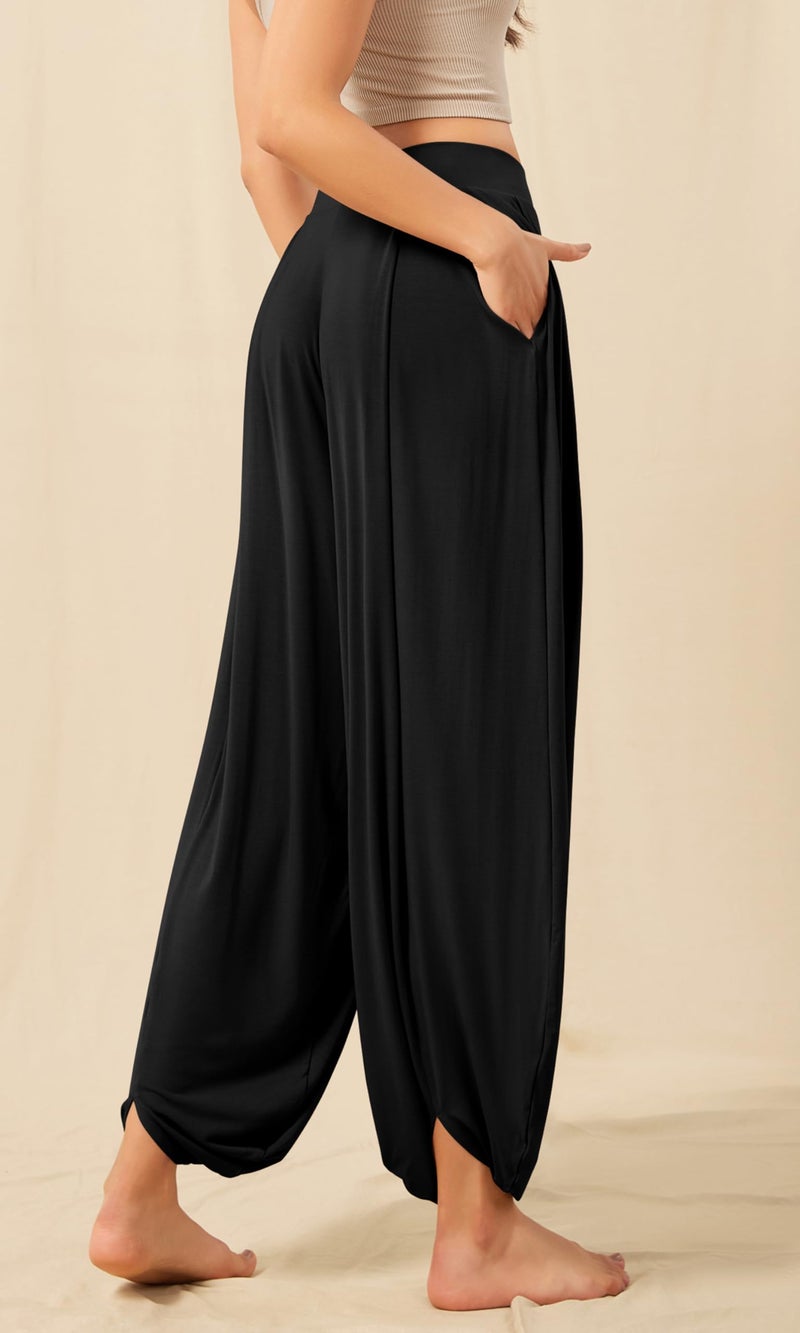 ODODOS Women's Wide Leg Pants with Pockets Lightweight Loose Draped Casual Palazzo Lounge Pajama Harem Pants, Black, Medium - Image 2