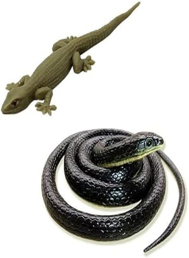 YOOKO® Brown Lizard and Black Fake Snake Combo Toys | Real Looking Rubber Lizard Toy | Original Look Chipkali Lizard Toy | Rubber Snake Prank Gadget for Kids and Adults (Pack of 1 Lizard & 1 Snake) - Image 1
