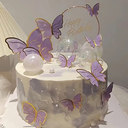 N.C Purple Butterfly Cake Toppers, 11pcs Butterfly Cupcake Toppers Happy Birthday Metal Gold Happy Birthday Cake Topper for Girls Women's Cake Party Decorations - Image 5