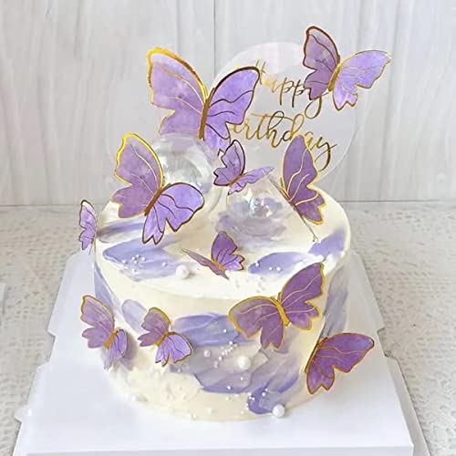 N.C Purple Butterfly Cake Toppers, 11pcs Butterfly Cupcake Toppers Happy Birthday Metal Gold Happy Birthday Cake Topper for Girls Women's Cake Party Decorations - Image 1