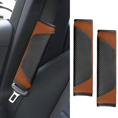 ongfuwu 2PCS Car Seat Belt Cover Pad Soft Carbon Fiber Leather Seatbelt Shoulder Protector for a More Comfortable Driving Universal Safety Belt Strap Cover to Protect Your Neck Coffee - Image 1