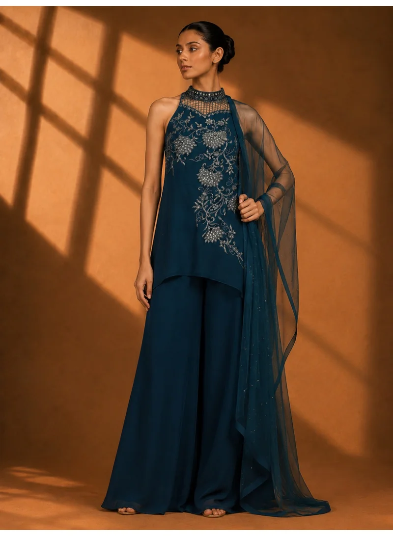 Midnight Teal Sleeveless Embroidered Palazzo Set