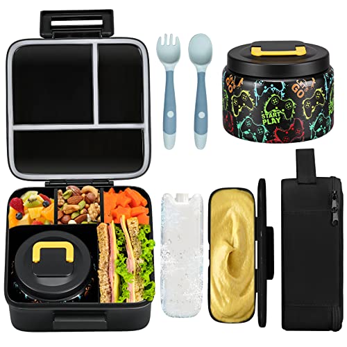JXXM Bento Lunch Box for Kids With 8oz Soup thermo,Leak-proof Lunch Containers with 5 Compartment,thermo Food Jar and Lunch Bag, Food Containers for School (A-Black(Game Consoley)) - Image 1