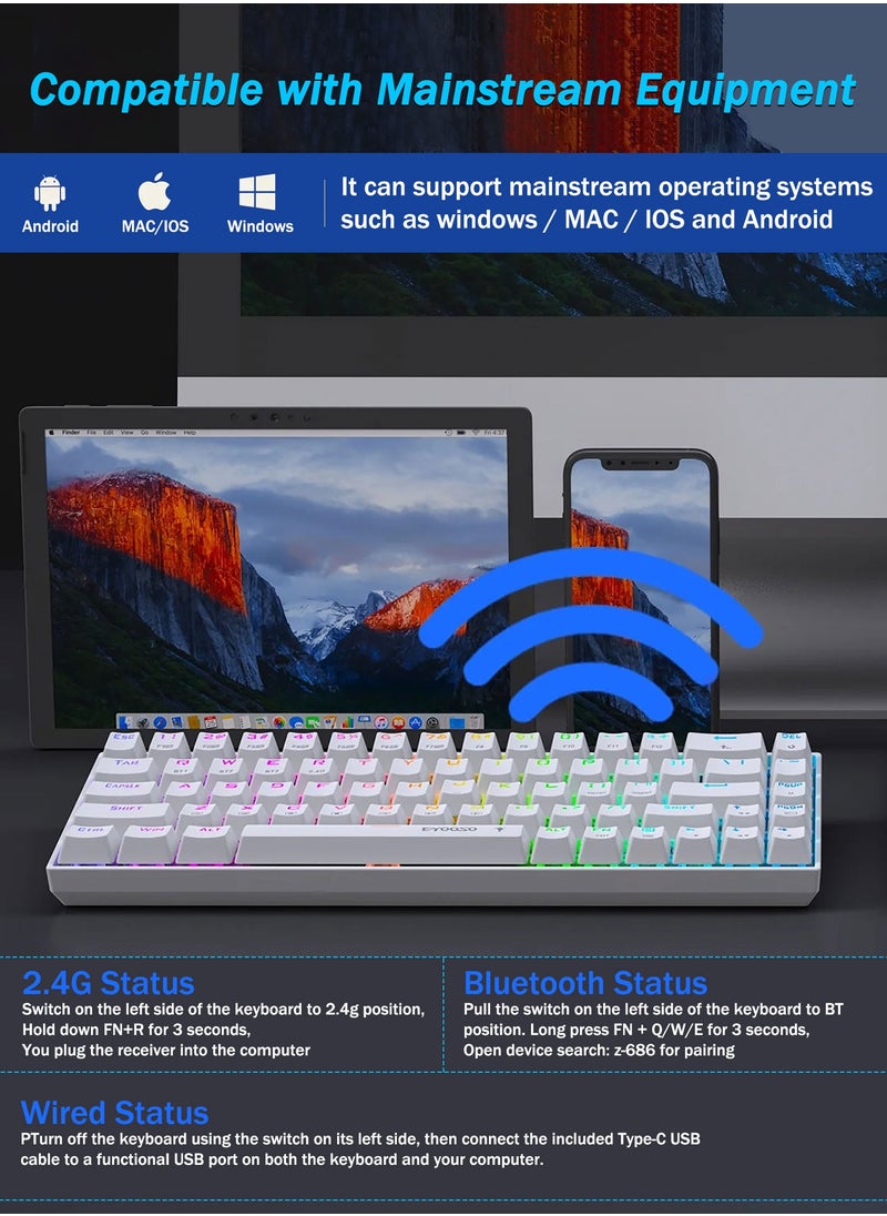 E-YOOSO - Z686 Wireless 65% Mechanical Gaming Keyboard, 68-Key RGB Backlit with Clicky Blue Switches, Bluetooth/2.4G/USB Wired, Triple Mode Compatibility for Windows/Mac OS/iOS/Android/PS4 – Ideal for Home, Office, and Gaming - Image 1