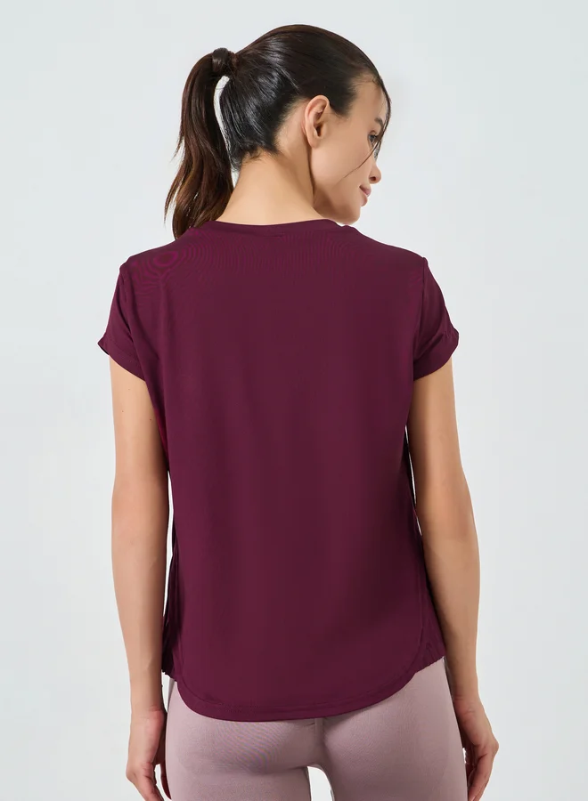 Styli Active Burgundy Burgundy Pleated Side Curved Hem Short Sleeves Top for Women | Best Price UAE