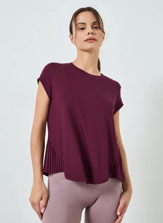 Styli Active Burgundy Pleated Side Curved Hem Short Sleeves Top