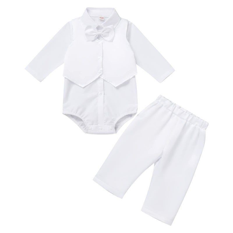 IDOPIP Baptism Christening Outfits for Boys Baby Formal Suit Gentleman Bowtie Romper Vest Pants White Wedding Tuxedo Outfits 12 1st2nd Birthday Cake Smash Clothes 3PCS Set White Long Sleeve 612 Months