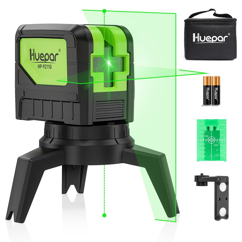Laser Level with 2 Plumb Dots Huepar 2 Plumb Points and 2 Cross Line Alignment Laser Level Tool with 180 Wide Angle 2 In 1 MultiUse Green Plumb Laser Self Leveling Laser Leveler 9211G