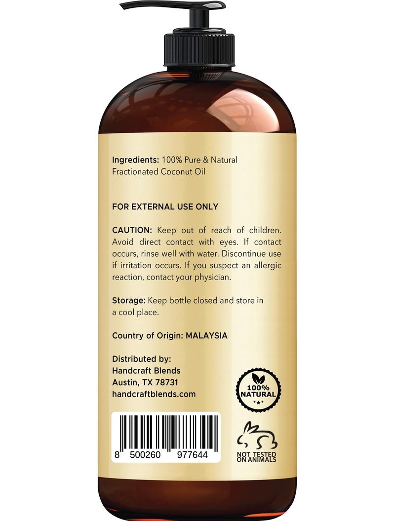 handcraft Blends زيت جوز الهند المكرر يدويًا - 16 أونصة سائلة - 100% نقي وطبيعي - زيت ناقل من الدرجة الممتازة للبشرة والشعر والجسم - للتدليك - مقوي للشعر - Image 3