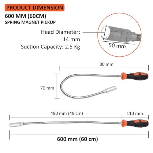 Harden Magnetic Pickup Tool - 24” (60cm) Bend-It Flexible Magnet Pick-Up Sweeper, Capacity upto 2.5kg, Retriever Stick for Hard-to-Reach Place, For Car, Machines, Home, Bolts, Nuts, Screws - 660245 - Image 5