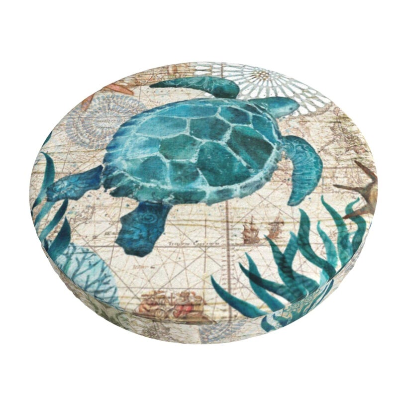 Ouqiuwa Vintage Ocean Turtle Starfish World Map Bar Stool Slipcover Round Washable Chair Seat Slipcover 12 Inch