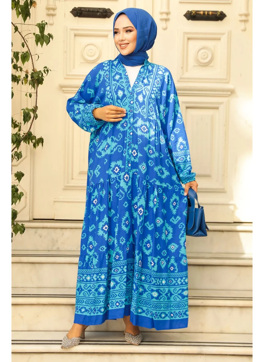 Neva Style Patterned Turquoise Hijab Dress 23453TR