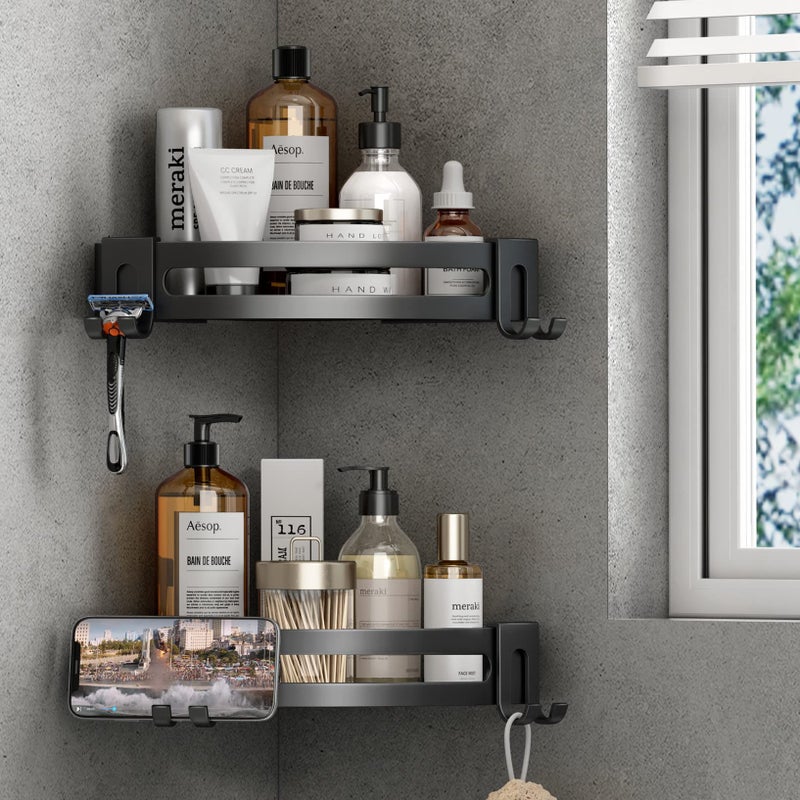 VOLPONE Corner Shower Caddy with Razor Holder Adhesive Shower Shelf Corner No Drilling Bathroom Shower Organizer Storage Rack (2-Pack  Black) - Image 1