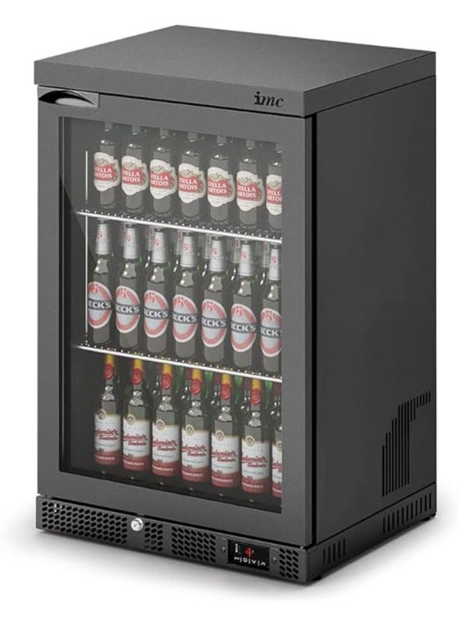 IMC M60 One (1) Door Undercounter Bottle Cooler Glass Door, Water Cooler, Beverage Cooler, Stainless Steel Frame Glass Door (Black) 133 Liters Capacity Energy Efficient Restaurant Kitchen Refrigerator