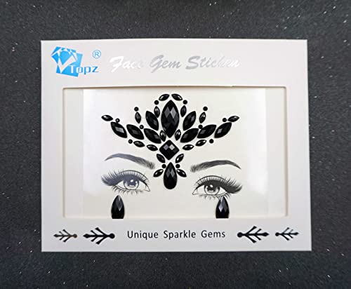 Topz Black Flower Face Jewels for Halloween Costume Makeup - Cat Women Mermaid Day of the Dead Gems Stick-on Tattoos Fairy Accessories (Black-S095) - Image 2