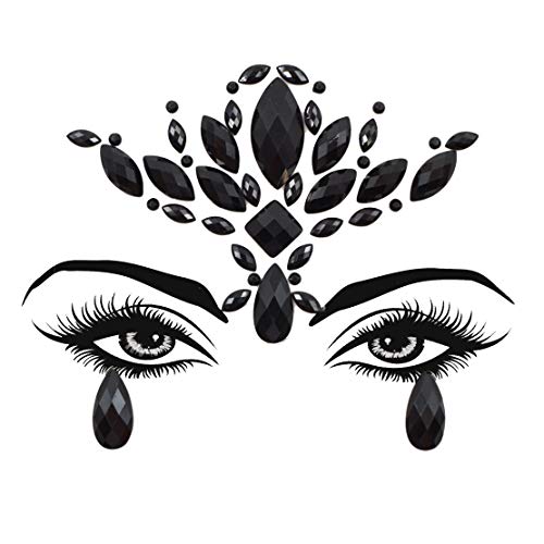 Topz Black Flower Face Jewels for Halloween Costume Makeup - Cat Women Mermaid Day of the Dead Gems Stick-on Tattoos Fairy Accessories (Black-S095) - Image 1