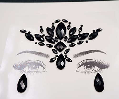 Topz Black Flower Face Jewels for Halloween Costume Makeup - Cat Women Mermaid Day of the Dead Gems Stick-on Tattoos Fairy Accessories (Black-S095) - Image 3