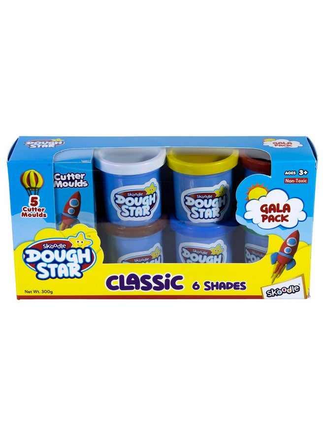 SKOODLE Dough Star Classic Gala Pack, 5 Cutter Moulds & 6 Multicolor of Non-Toxic Modelling Clay Dough for Kids, Creative Art & Craft Gift for Children 3 Years and Up - Image 1