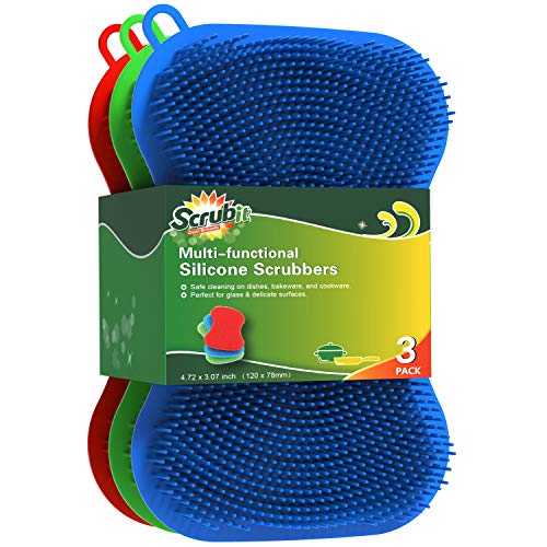 SCRUBIT Silicone Scrubbing Pad Sponges by SCRUBIT Real Silicon Non Scratch Kitchen Scrubber Non Smell Cleaning Sponges for Kitchen Dishes Reusable Soft Dish Sponge Blue Red Green Pads 3 Pack - Image 2