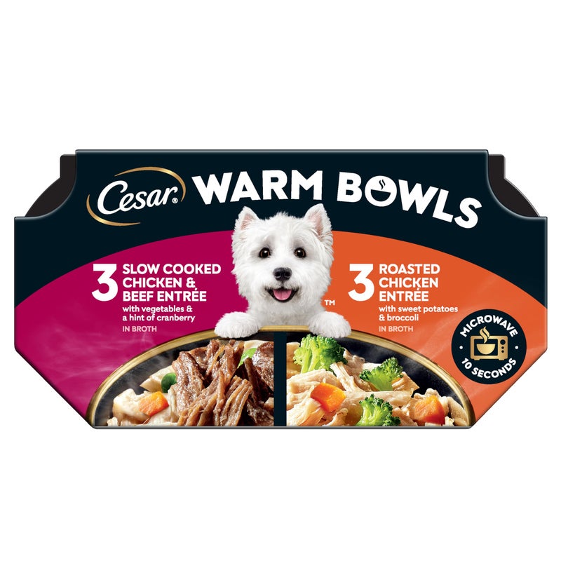 Cesar Warm Bowls Wet Dog Food Variety Pack: Chicken & Beef; and Chicken Entrees, Wet Food for Dogs, 2.7 oz Bowls, 6 Count (Pack of 2) - Image 1