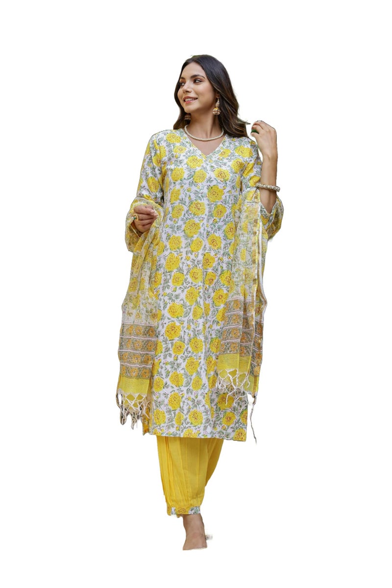 LookMark Kurta Set: Fashion That Echoes Tradition: Make a Style Statement with Our Cotton Blend Kurti Pant Dupatta Sets! Yellow - Image 1